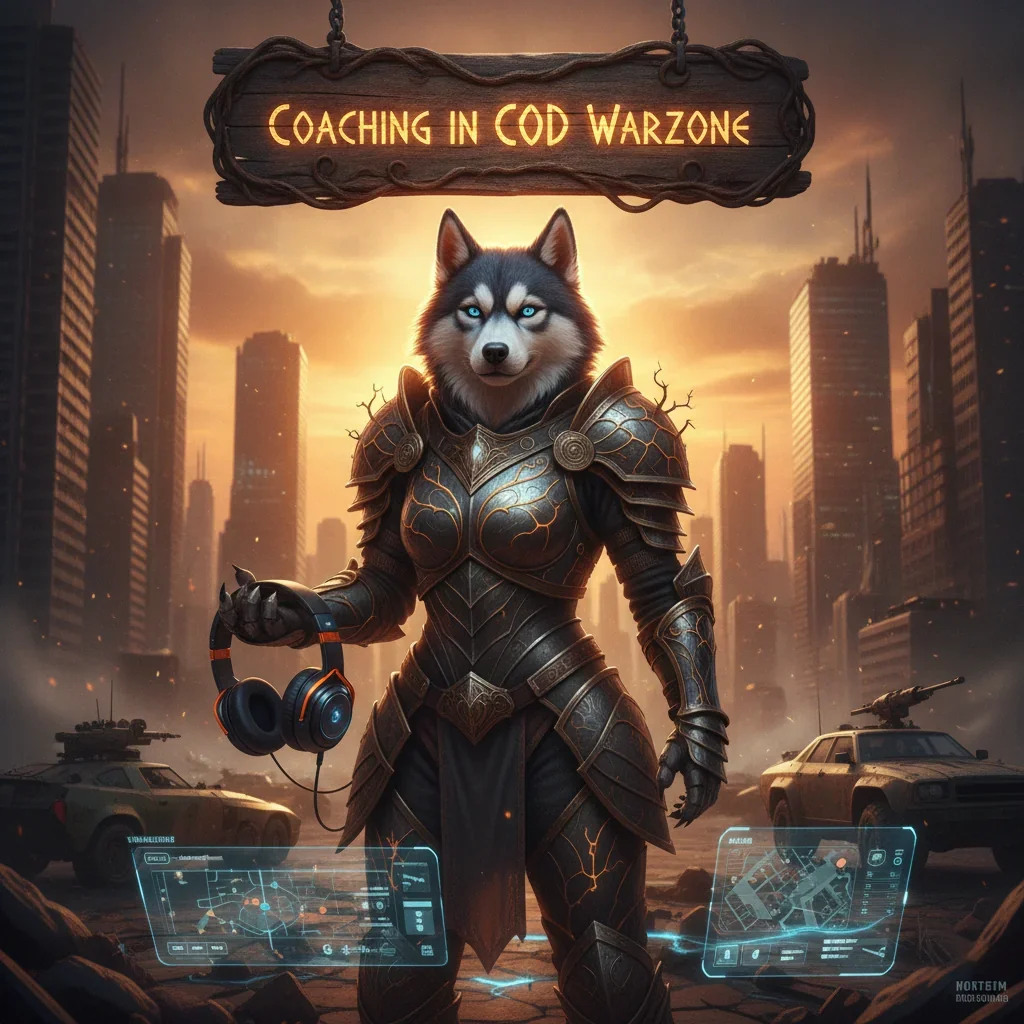 Fantasy artwork featuring an anthropomorphic Husky character in fantasy tactical gear, representing coaching boost content for strategic gameplay in Warzone.