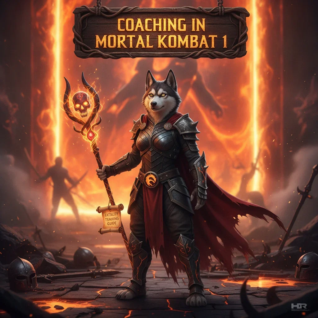An anthropomorphic Husky character in fantasy warrior attire, within a stylized game arena, representing strategic coaching and skill enhancement for Mortal Kombat 1.