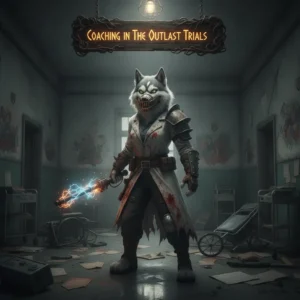 Fantasy artwork of an anthropomorphic husky character in a dark, ominous trial environment, inspired by 'The Outlast Trials' theme.