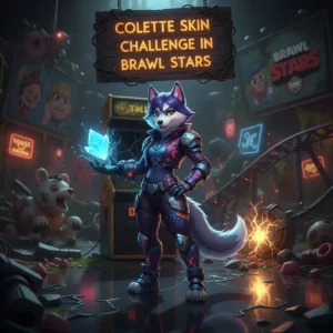 An anthropomorphic husky character, dressed in a vibrant fantasy costume, stands in a mystical game-inspired environment, representing a character skin challenge in a fantasy game.