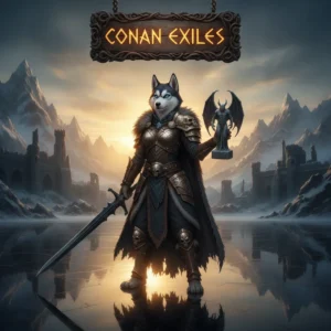 Fantasy artwork featuring an anthropomorphic husky character in a desert environment, themed around Conan Exiles content.