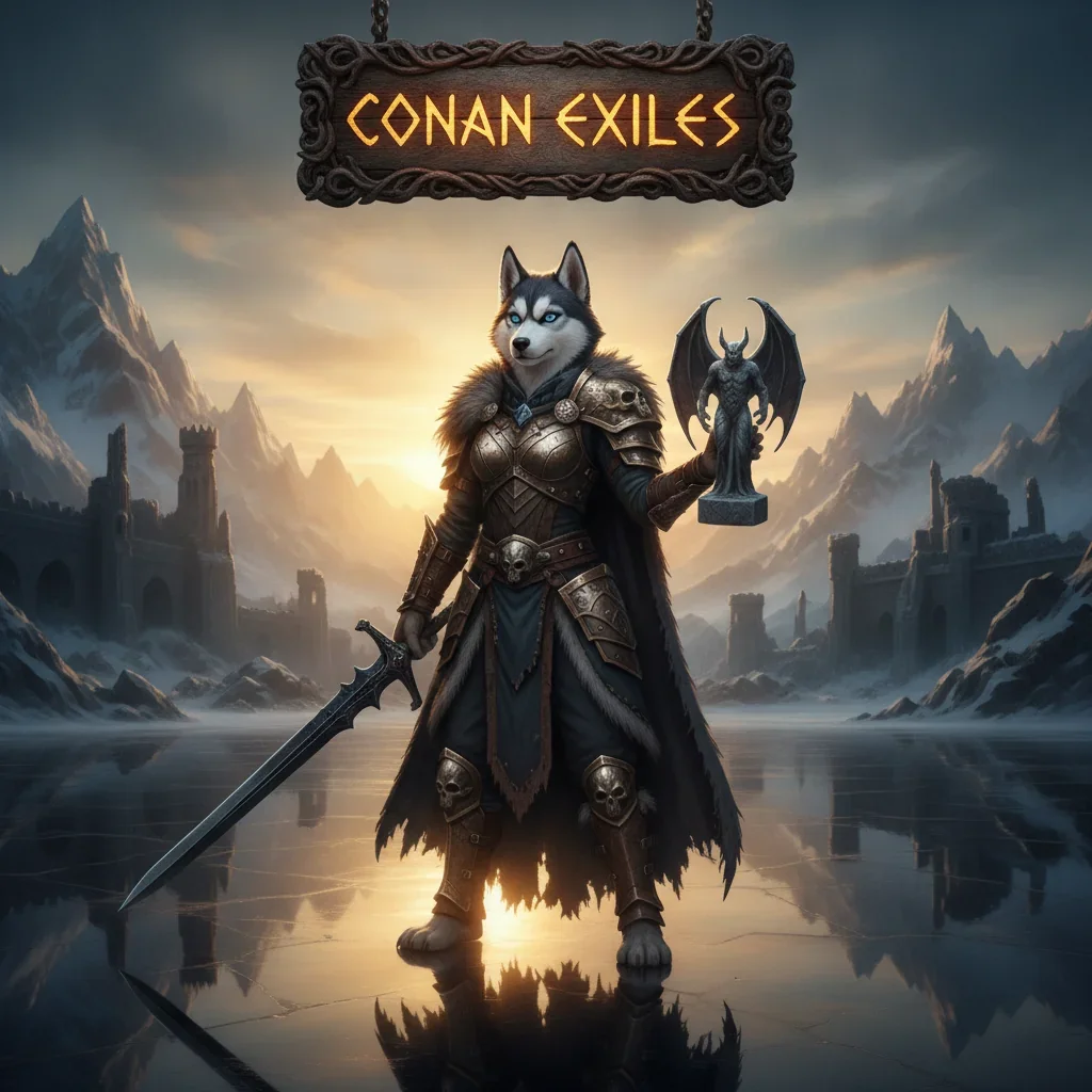 Fantasy artwork featuring an anthropomorphic husky character in a desert environment, themed around Conan Exiles content.