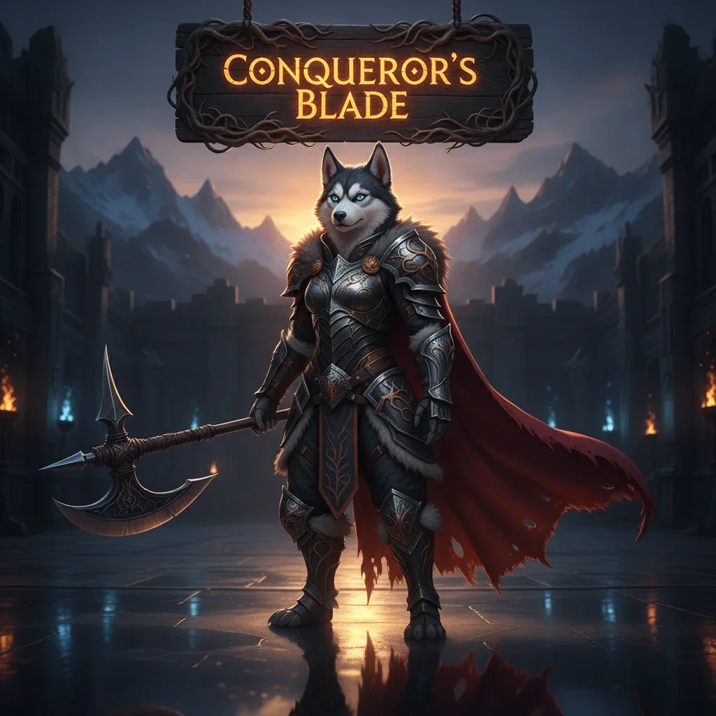 An anthropomorphic Husky character in fantasy armor, set against a background inspired by Conqueror's Blade, representing game objectives.