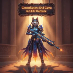 Anthropomorphic husky character depicted in fantasy-themed armor, inspired by a celestial camouflage boost effect for strategic advantages, within an arcane world setting.