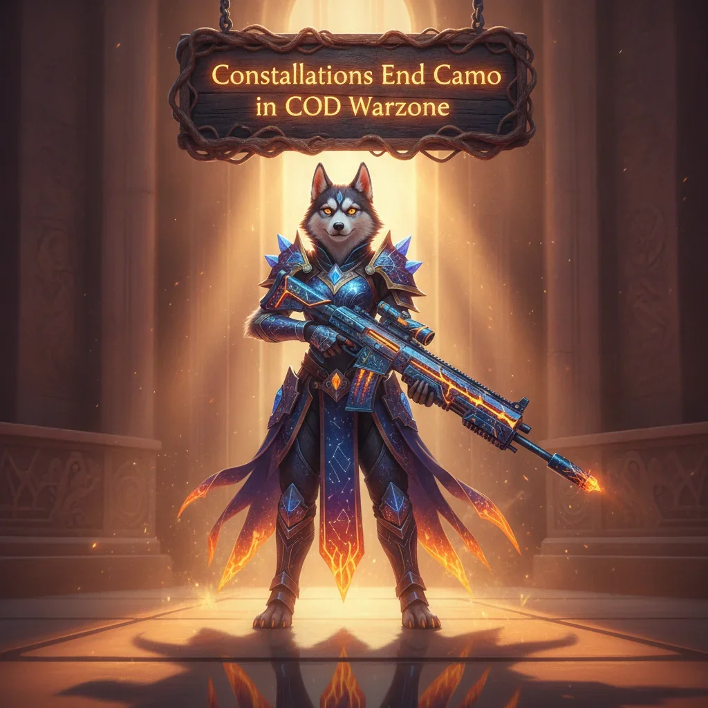Anthropomorphic husky character depicted in fantasy-themed armor, inspired by a celestial camouflage boost effect for strategic advantages, within an arcane world setting.