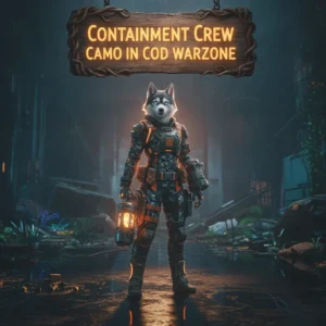 An anthropomorphic Husky character in tactical-fantasy gear, themed around Containment Crew camo objectives in a Warzone-inspired setting. The artwork represents cosmetic unlock challenges.