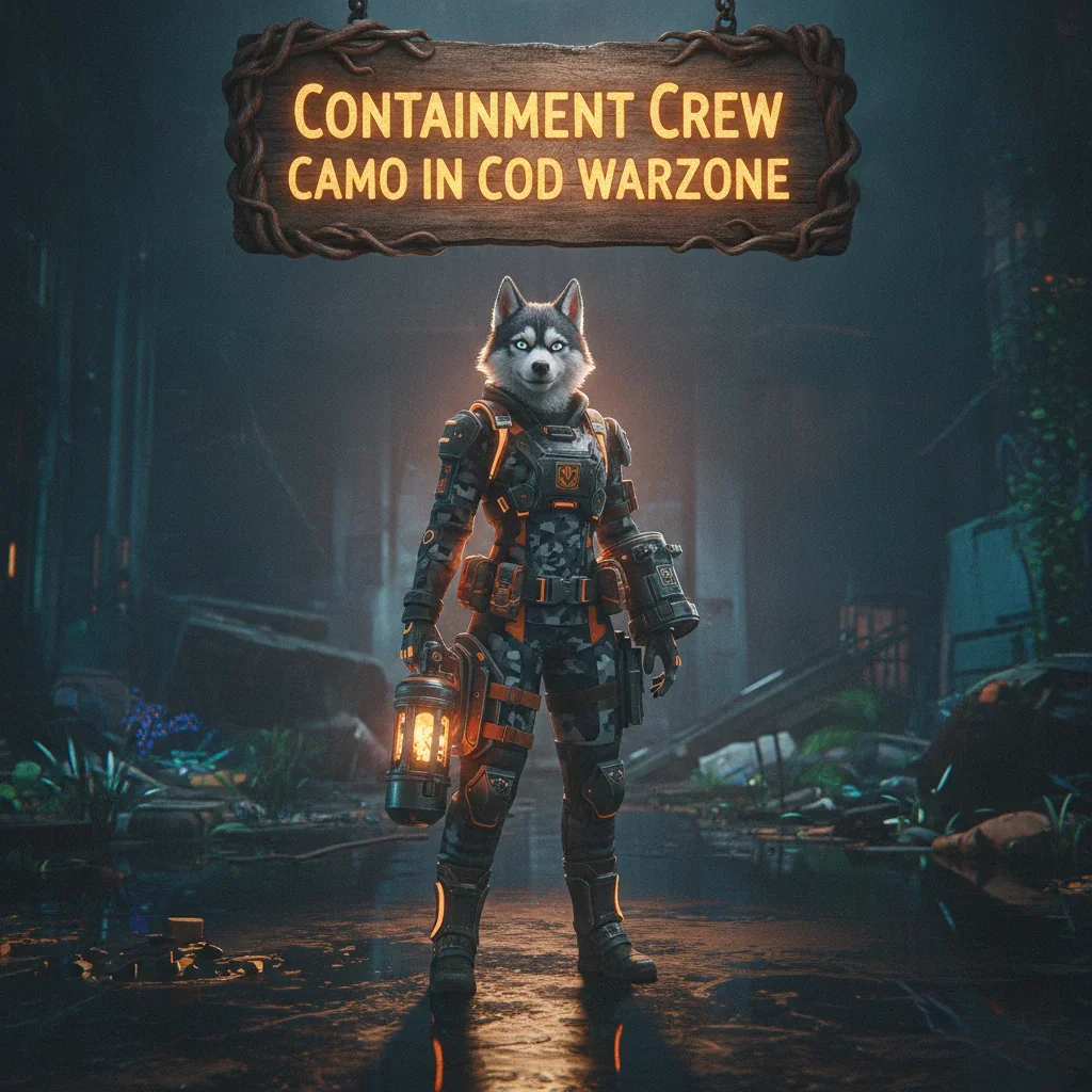 An anthropomorphic Husky character in tactical-fantasy gear, themed around Containment Crew camo objectives in a Warzone-inspired setting. The artwork represents cosmetic unlock challenges.