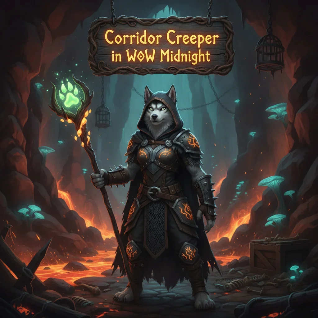 Anthropomorphic husky in fantasy attire within a dark corridor, representing WoW Midnight's Corridor Creeper content and objectives.