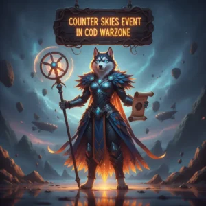 Fantasy artwork representing the Counter Skies Event in COD Warzone, featuring an anthropomorphic Husky character in themed armor, standing in a game-inspired landscape with atmospheric sky effects. The artwork is related to event challenges and objectives.