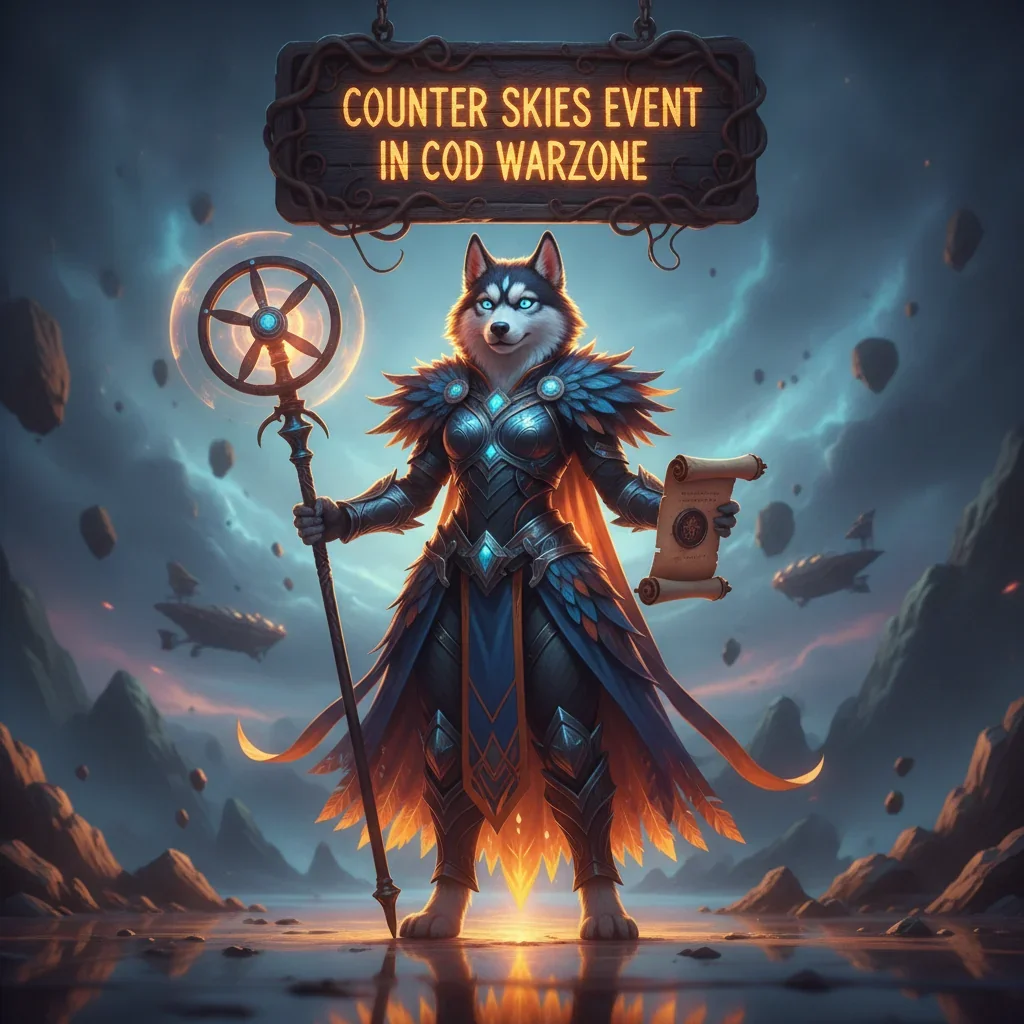 Fantasy artwork representing the Counter Skies Event in COD Warzone, featuring an anthropomorphic Husky character in themed armor, standing in a game-inspired landscape with atmospheric sky effects. The artwork is related to event challenges and objectives.