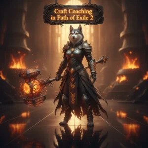 Anthropomorphic Husky in fantasy robes within a mystical setting, themed around Path of Exile 2 crafting objectives, coaching, and gear enhancement content.