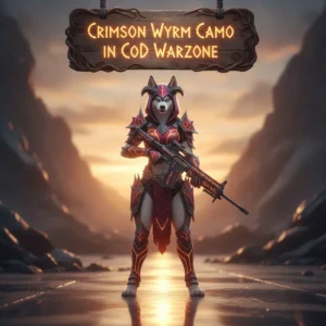 Fantasy artwork with an anthropomorphic husky character dressed in themed attire, representing the in-game objective of acquiring the Crimson Wyrm weapon camouflage.