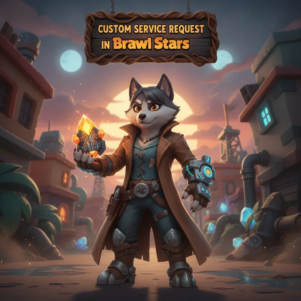 Fantasy game-inspired artwork featuring an anthropomorphic Husky character themed around service requests in Brawl Stars.