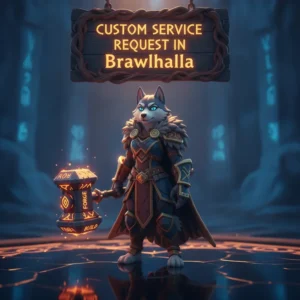 Fantasy artwork of an anthropomorphic Husky character in armor, themed around custom service requests in Brawlhalla.