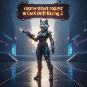 Fantasy artwork featuring an anthropomorphic Husky character in an urban, game-inspired setting, related to custom service requests.