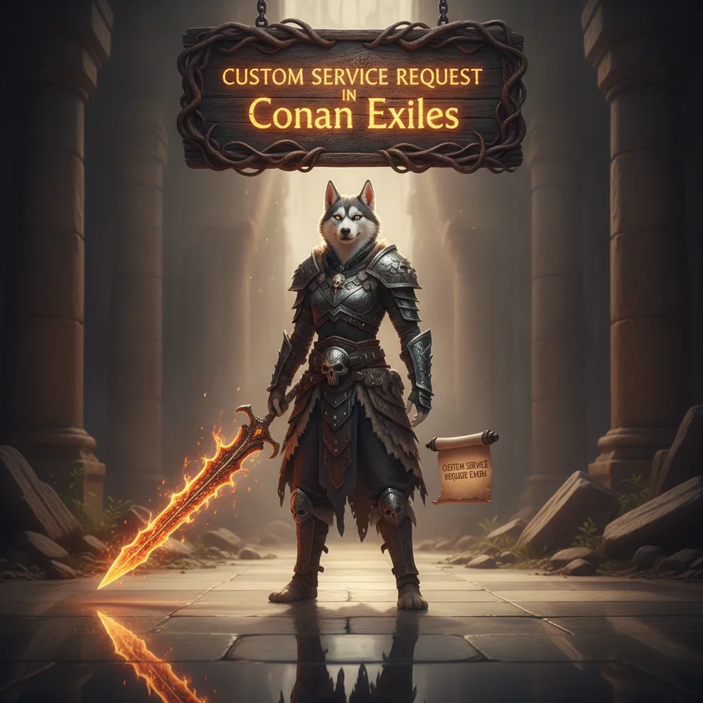 A fantasy game-inspired artwork featuring an anthropomorphic husky character amidst a custom service request theme in Conan Exiles.
