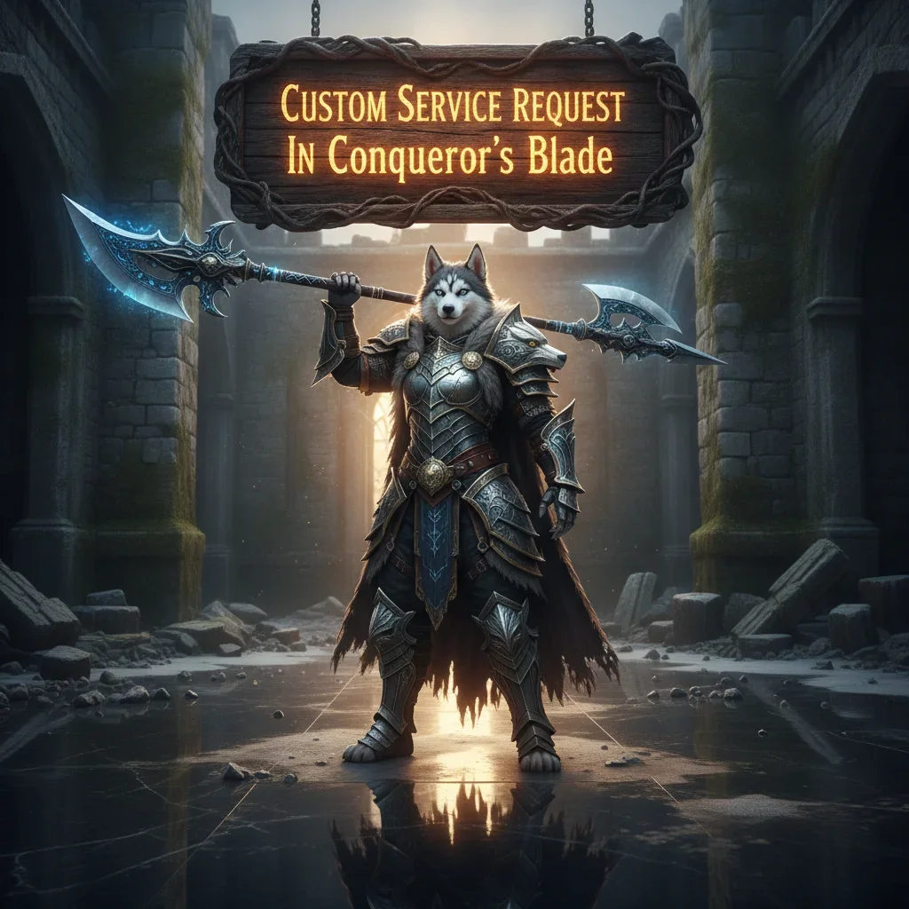 Fantasy artwork featuring an anthropomorphic husky in armor, inspired by custom service requests in Conqueror’s Blade.