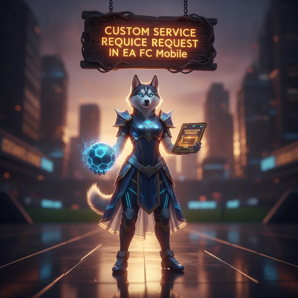 Fantasy artwork featuring an anthropomorphic Husky character, themed around custom service requests in EA FC Mobile.