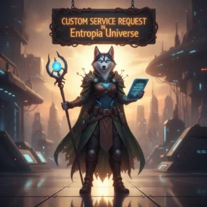 An anthropomorphic Husky character in fantasy attire within a game-inspired setting, representing custom service in Entropia Universe.