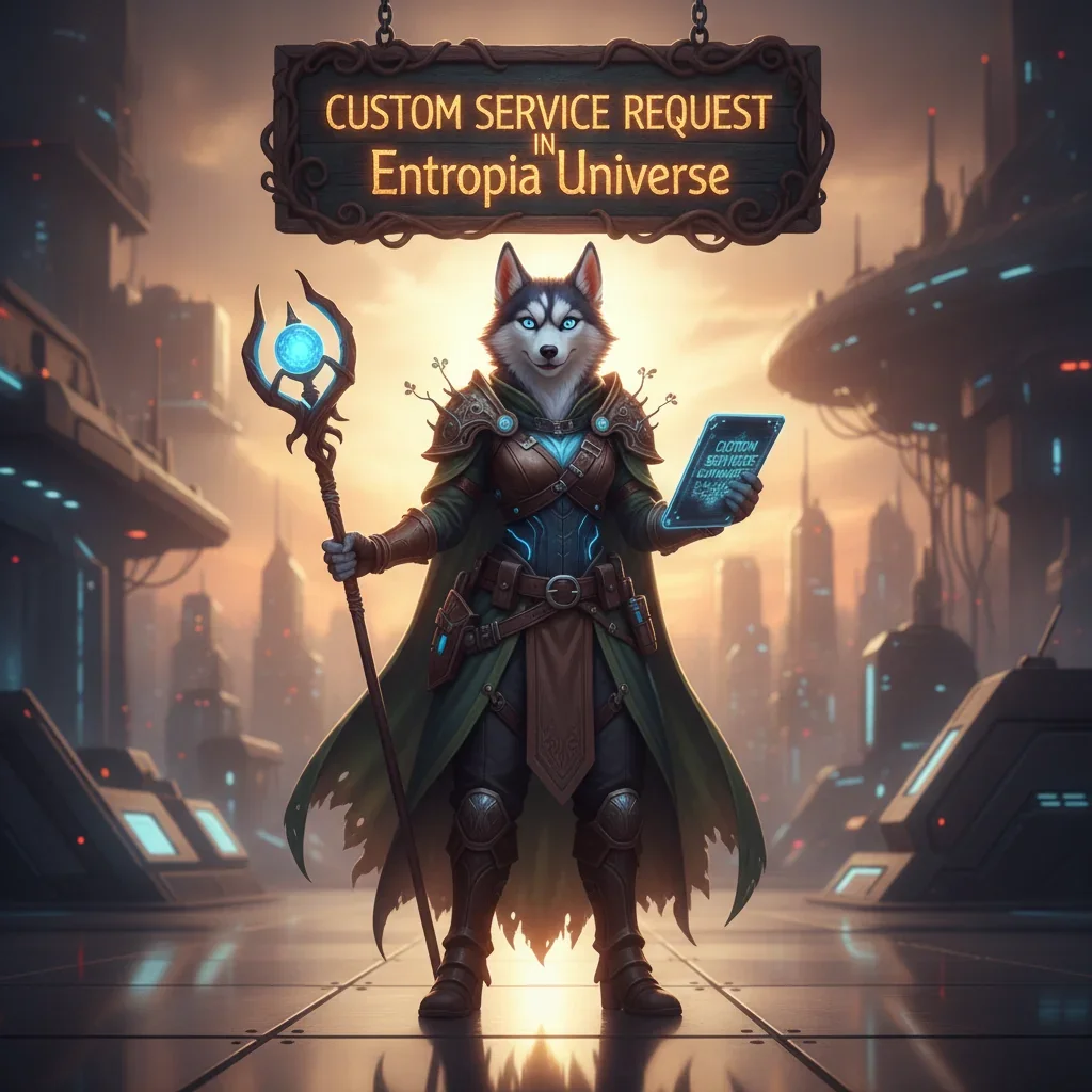 An anthropomorphic Husky character in fantasy attire within a game-inspired setting, representing custom service in Entropia Universe.