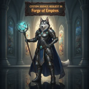 Fantasy artwork of an anthropomorphic husky in medieval clothing, representing custom service in Forge of Empires.