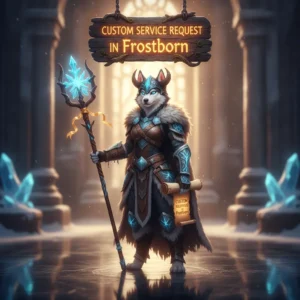 A fantasy game-inspired artwork featuring an anthropomorphic husky character in an icy, wintry environment, representing custom service content.