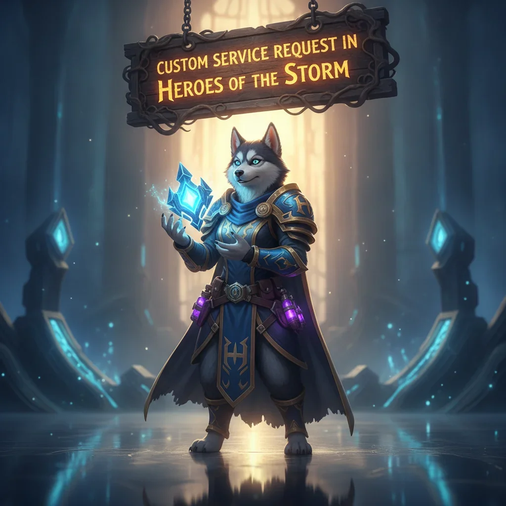 An anthropomorphic Husky character in fantasy armor, in artwork themed around custom service in Heroes of the Storm.