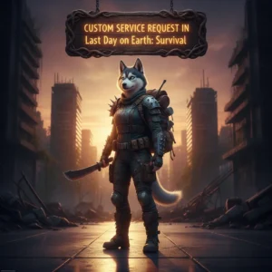 A fantasy game-inspired image featuring an anthropomorphic Husky character, representing custom service requests in a post-apocalyptic survival theme.