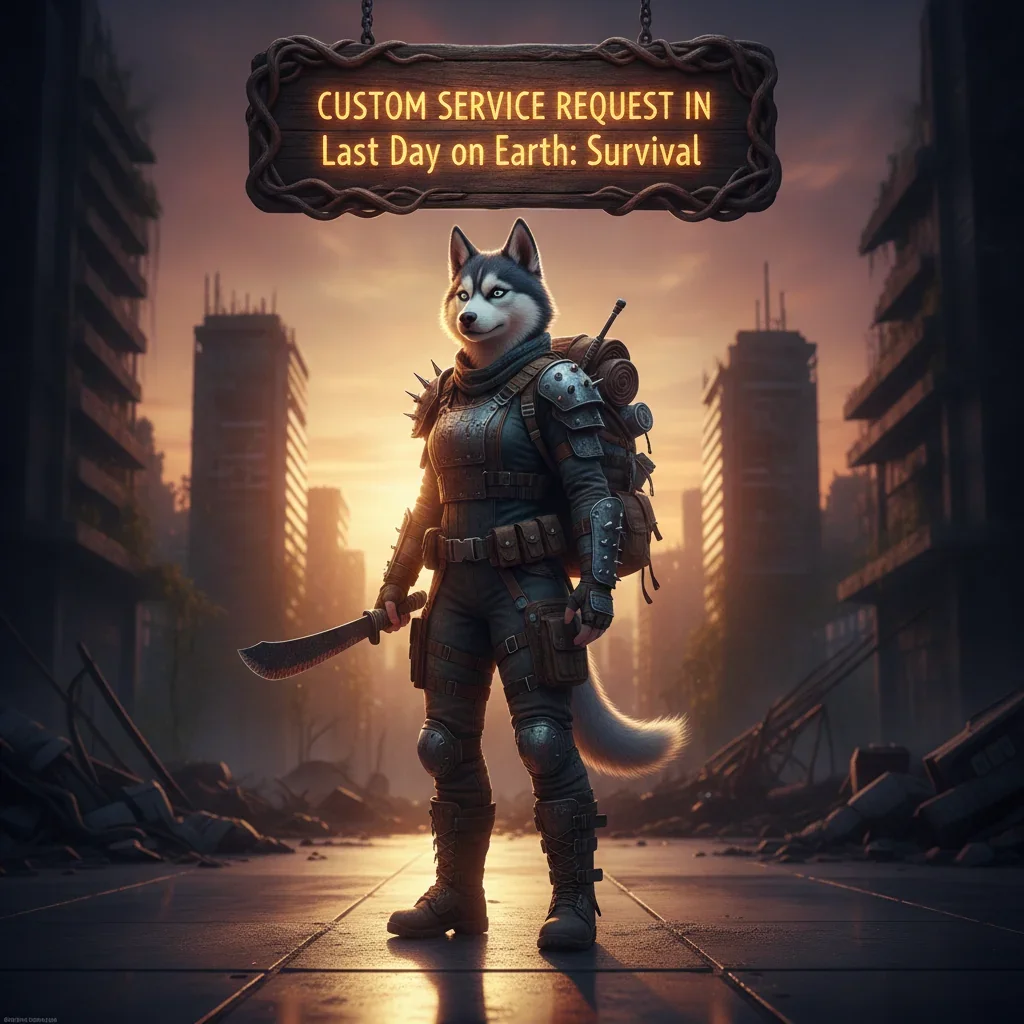 A fantasy game-inspired image featuring an anthropomorphic Husky character, representing custom service requests in a post-apocalyptic survival theme.