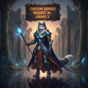 Fantasy artwork featuring an anthropomorphic husky character in an armored robe, representing a custom service request.