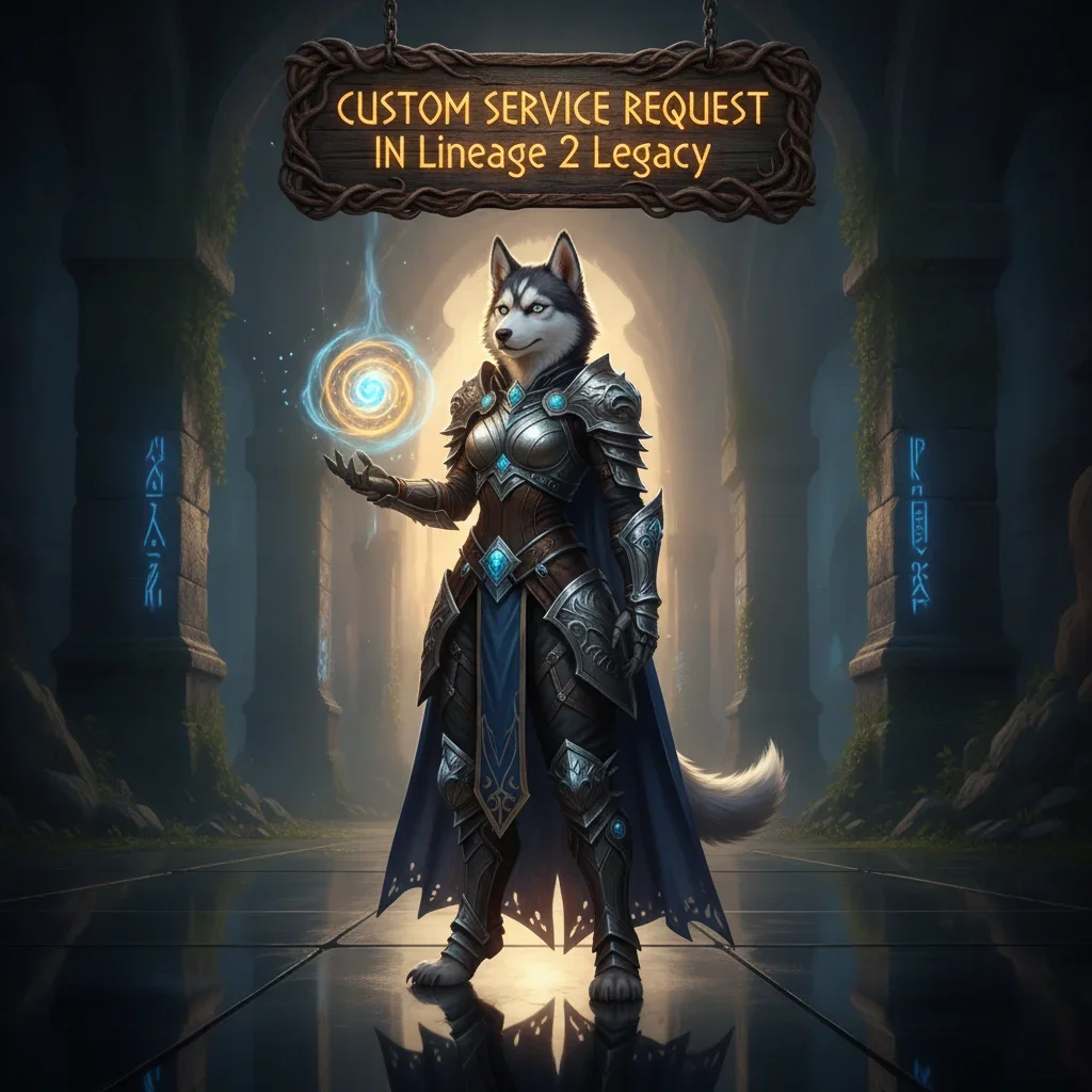 A fantasy game-inspired artwork featuring an anthropomorphic husky character in an elaborate fantasy setting, representing custom service content.
