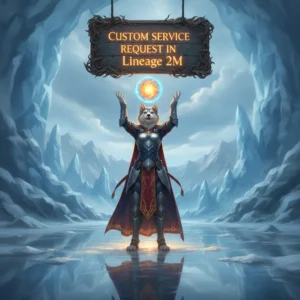 Fantasy artwork of an anthropomorphic husky character related to custom service requests in Lineage 2M, featuring a game-inspired setting.
