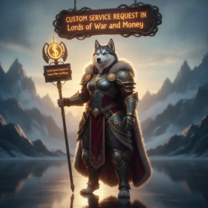Anthropomorphic husky character in fantasy attire, depicted in artwork related to custom service requests in a game setting.