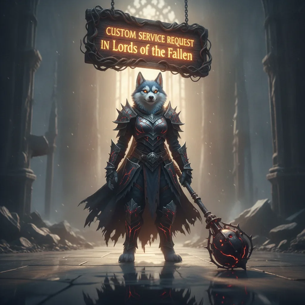 A fantasy game-inspired image featuring an anthropomorphic Husky character in armor, themed around custom service requests in Lords of the Fallen.