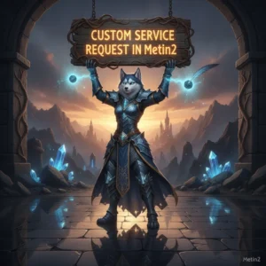 Fantasy artwork of an anthropomorphic Husky character in armor, themed around custom service requests in Metin2.