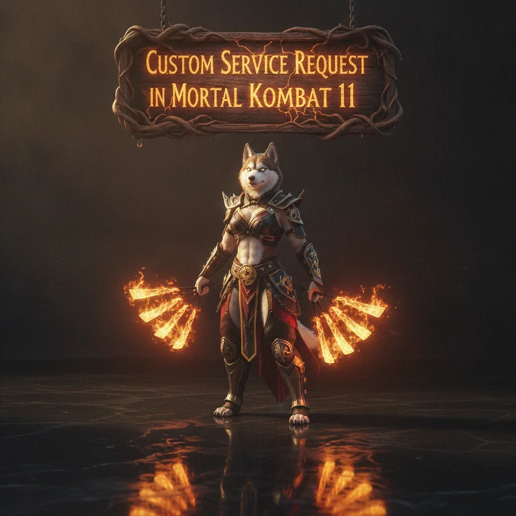 A fantasy game-inspired image featuring an anthropomorphic husky character in an arena setting, themed around custom service content.