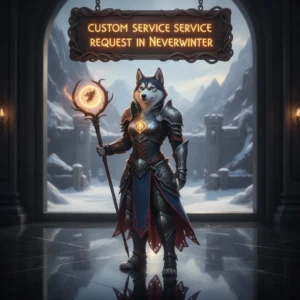 Fantasy artwork of an anthropomorphic husky in armor within a Neverwinter-inspired environment, representing custom service content.