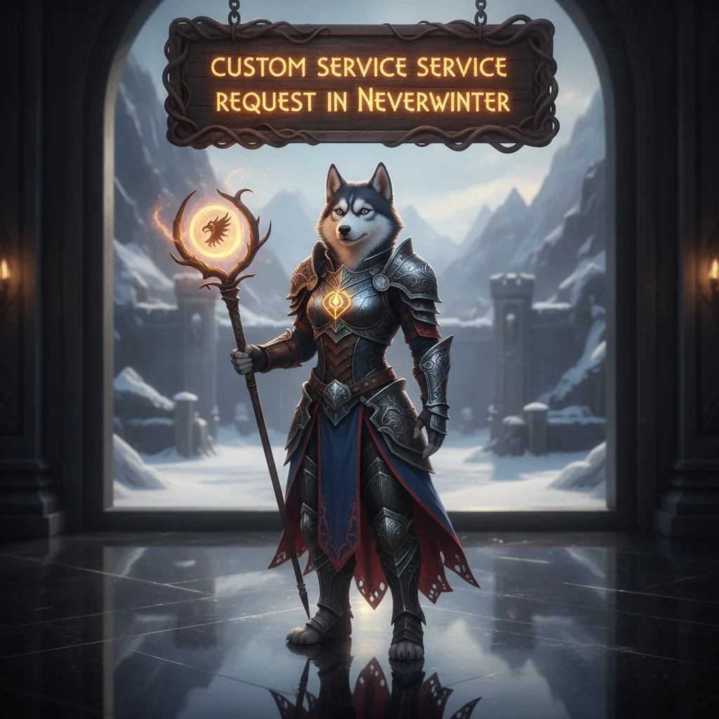 Fantasy artwork of an anthropomorphic husky in armor within a Neverwinter-inspired environment, representing custom service content.