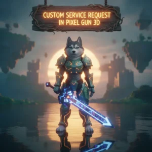 Fantasy artwork of an anthropomorphic husky character representing a custom service request for Pixel Gun 3D content.
