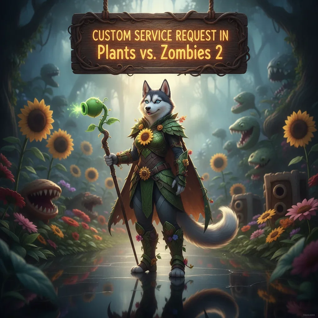 An anthropomorphic Husky character, dressed in a fantasy outfit, represents a custom service request for Plants vs. Zombies 2 content.