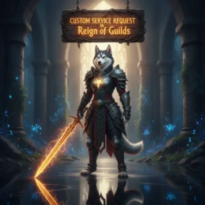 Fantasy artwork featuring an anthropomorphic Husky character, themed around custom service requests and game content in Reign of Guilds.