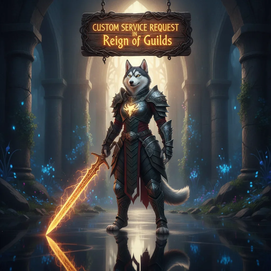 Fantasy artwork featuring an anthropomorphic Husky character, themed around custom service requests and game content in Reign of Guilds.