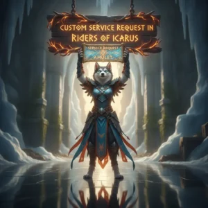 Fantasy game-inspired artwork featuring an anthropomorphic Husky character, themed around custom service requests in Riders of Icarus.