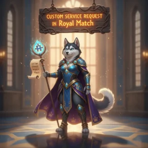 An anthropomorphic Husky character in fantasy attire, inspired by Royal Match custom service requests and game content.