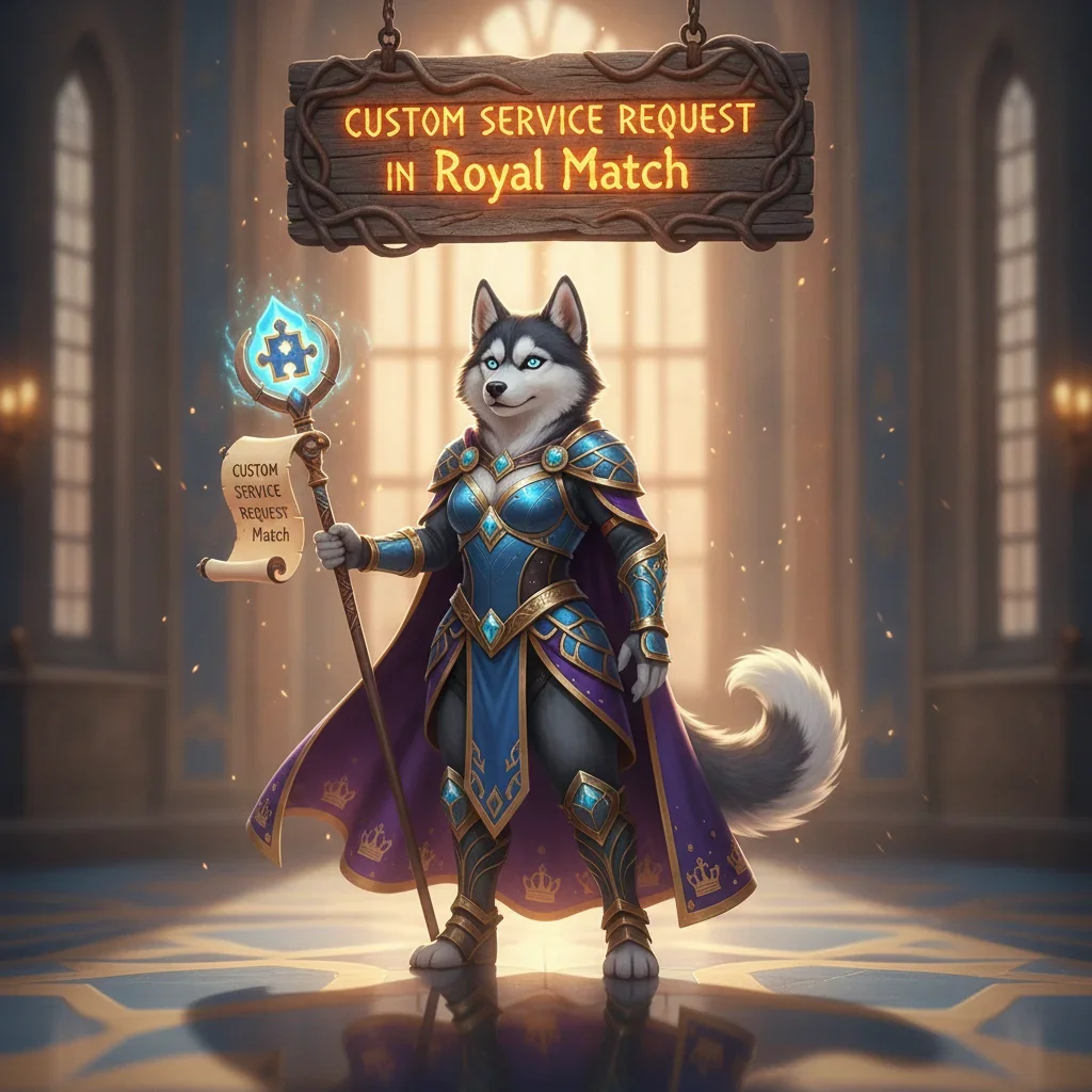 An anthropomorphic Husky character in fantasy attire, inspired by Royal Match custom service requests and game content.