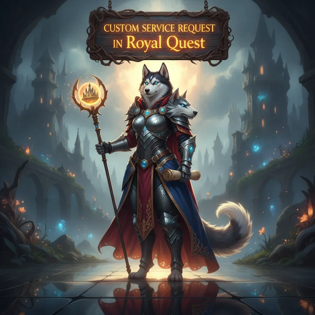 An anthropomorphic Husky character in fantasy attire, inspired by Royal Quest's custom service request content.