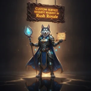 Anthropomorphic Husky character in fantasy armor, representing custom service requests in a game-inspired setting.