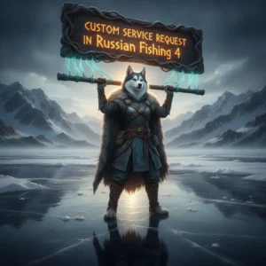 Anthropomorphic Husky character in fantasy attire, inspired by Russian Fishing 4 game content and custom service themes.