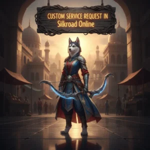 An anthropomorphic Husky character in fantasy attire, inspired by Silkroad Online's custom service content and objectives.