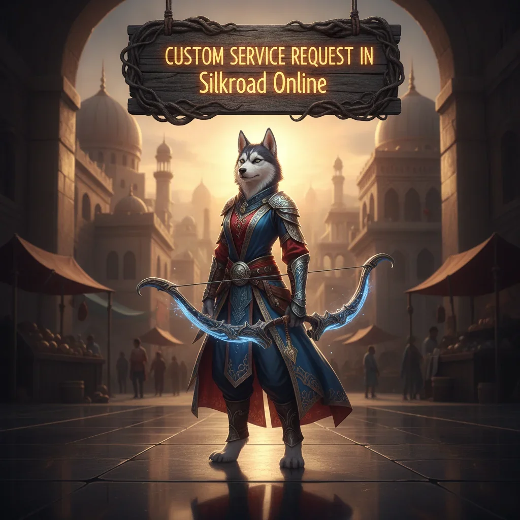 An anthropomorphic Husky character in fantasy attire, inspired by Silkroad Online's custom service content and objectives.